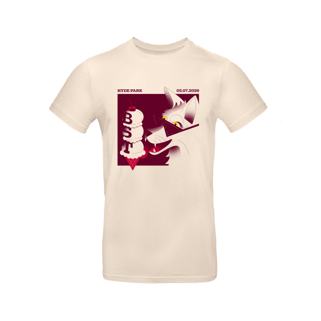 Cream-colored unisex BST Hyde Park t-shirt with cartoon cat eating ice cream, “HYDE PARK,” “BST,” and event date on maroon. HOME DELIVERY: Duran Duran Sun 5th July Event T-Shirt Pre-Order for music fans.