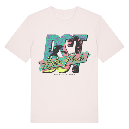 Pre-order the BST Hyde Park HOME DELIVERY: Pitbull Fri 10th July Event T-Shirt, a light tee with bold, colorful letters, palm tree silhouettes, and "10th July 2022" below the design.