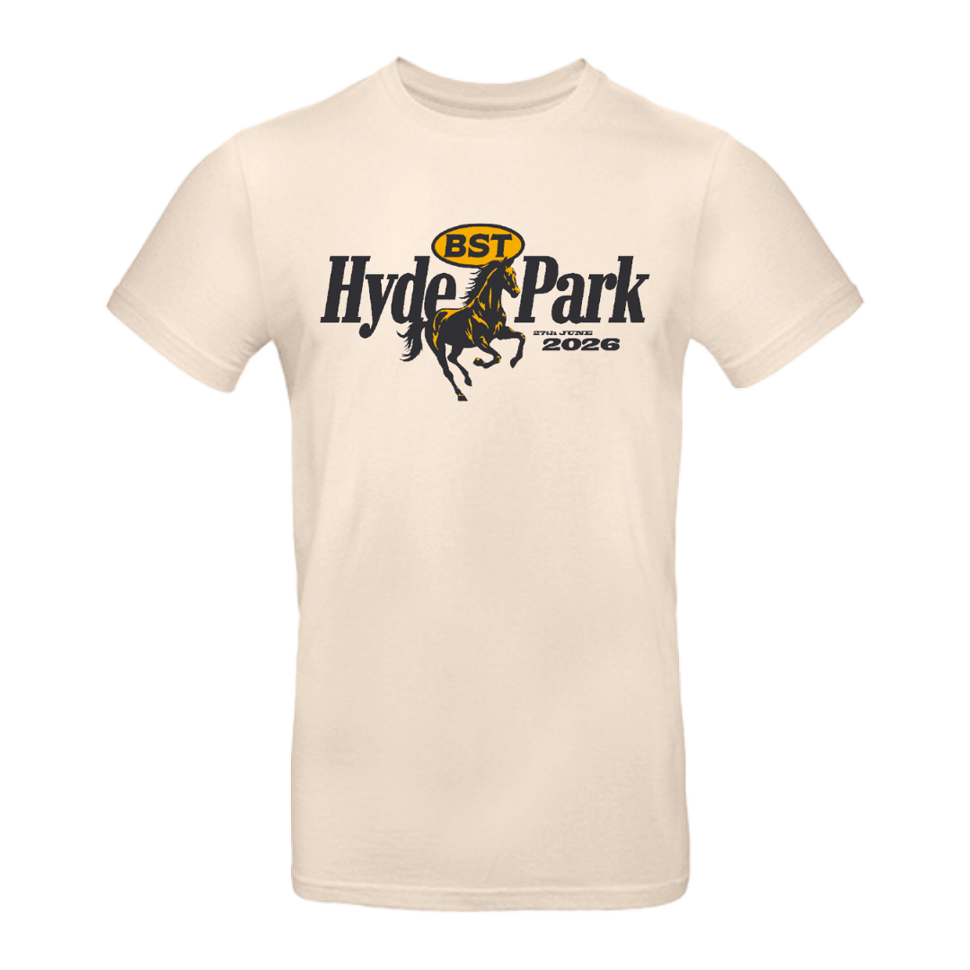 Pre-order the HOME DELIVERY: Garth Brooks 27th June Event T-Shirt by BST Hyde Park, a beige unisex tee featuring a black horse graphic and “BST Hyde Park 2026” in black and yellow—perfect for Garth Brooks fans.