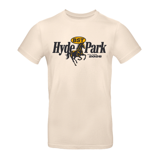 Pre-order the HOME DELIVERY: Garth Brooks 27th June Event T-Shirt by BST Hyde Park, a beige unisex tee featuring a black horse graphic and “BST Hyde Park 2026” in black and yellow—perfect for Garth Brooks fans.