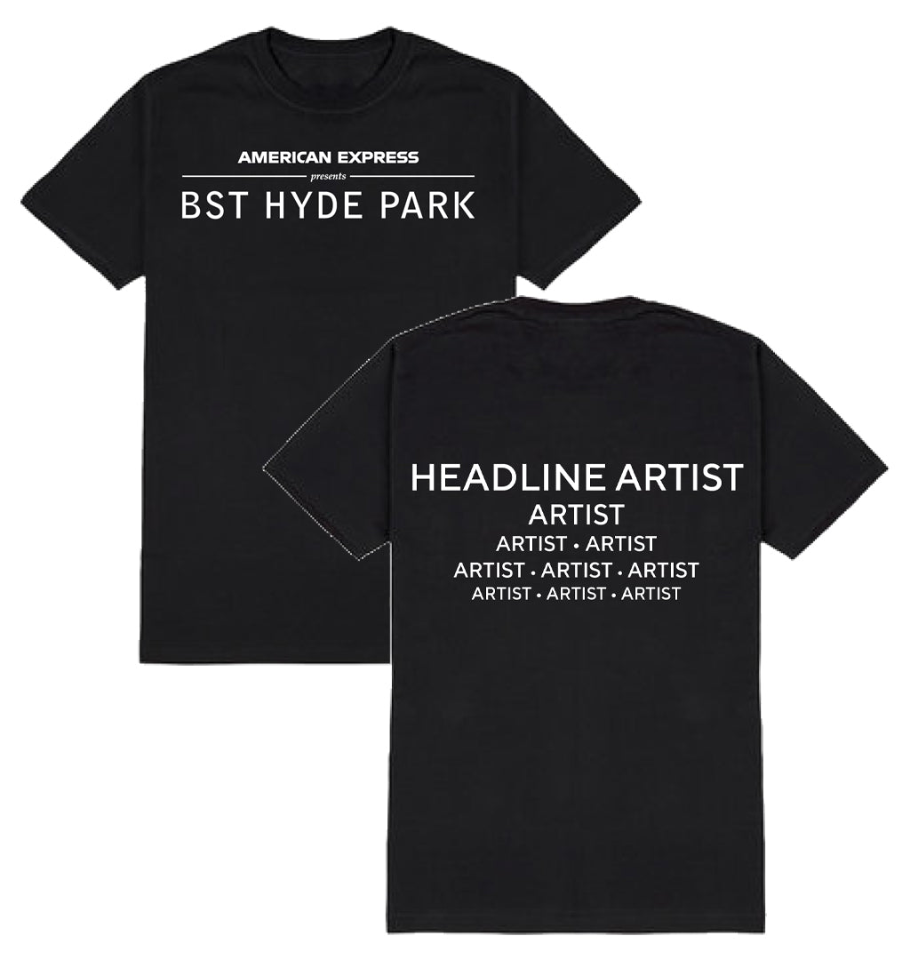 Pre-order the CLICK & COLLECT Sabrina Carpenter Saturday 5th July Event T-Shirt from BST Hyde Park, featuring AMERICAN EXPRESS presents BST Hyde Park on the front and Sabrina Carpenter as headline artist in a concert-style lineup on the back.