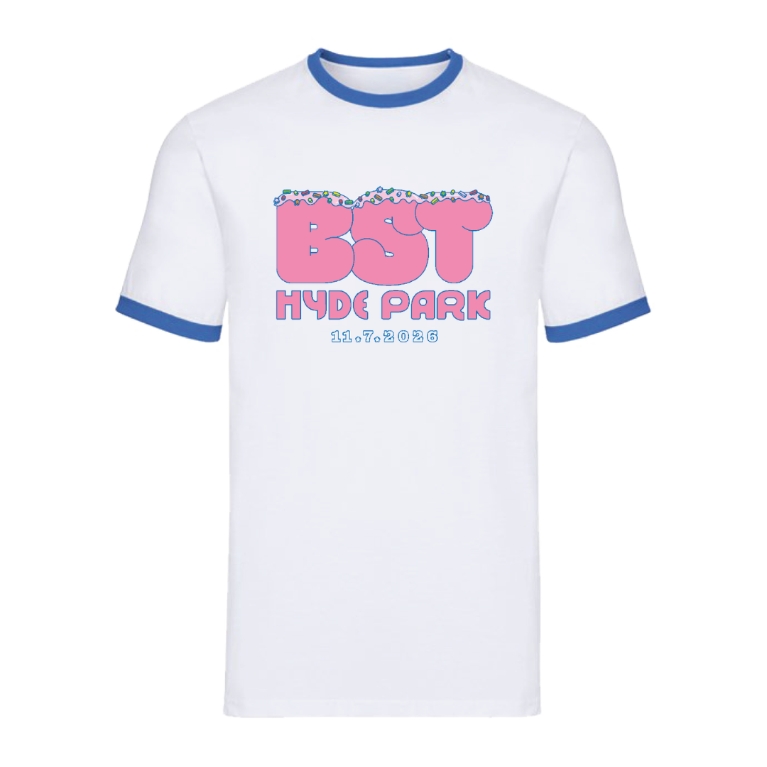 Pre-order the BST Hyde Park CLICK & COLLECT: Lewis Capaldi Sat 11th July Event T-Shirt—a white tee with blue collar and sleeve trim, bold pink and blue lettering, and floral accents. Perfect for the upcoming event!.