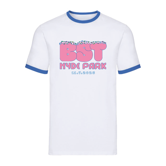 Pre-order the BST Hyde Park CLICK & COLLECT: Lewis Capaldi Sat 11th July Event T-Shirt—a white tee with blue collar and sleeve trim, bold pink and blue lettering, and floral accents. Perfect for the upcoming event!.