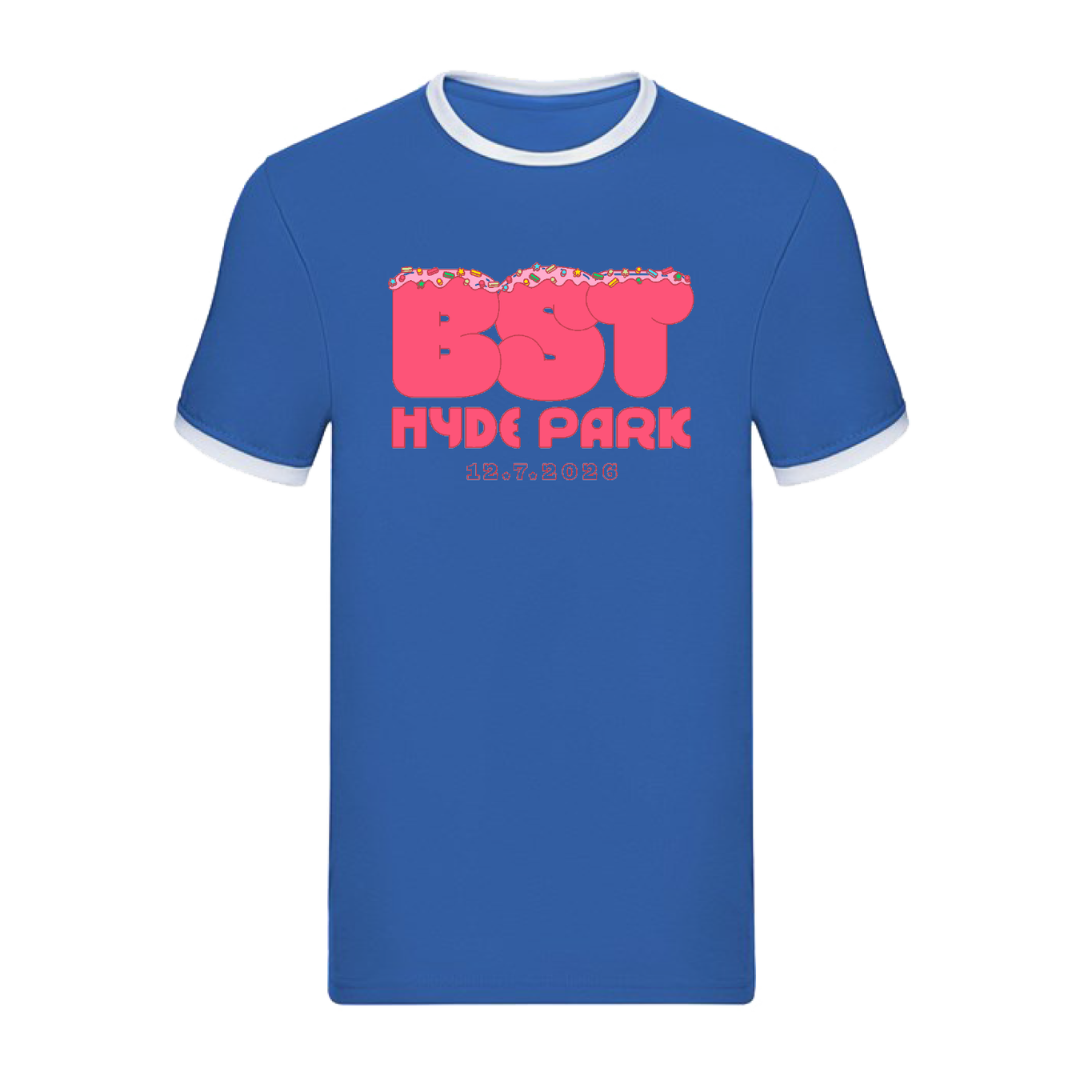 The CLICK & COLLECT: Lewis Capaldi Sun 12th July Event T-Shirt Pre-Order by BST Hyde Park features bold pink BST text, white HYDE PARK lettering, and the 12.7.2024 date—a perfect event tee. Available now for pre-order.