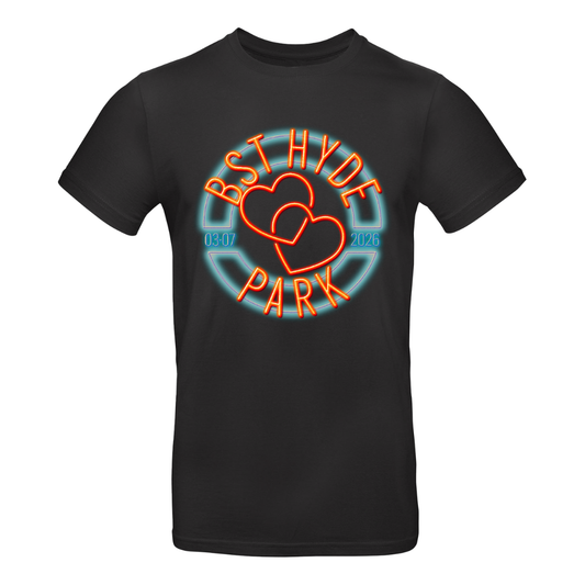 Pre-order the CLICK & COLLECT: MAROON 5 Fri 3rd July Event T-Shirt, a BST Hyde Park exclusive featuring neon “BST Hyde Park,” two hearts, and the date 03:07 2026—celebrating MAROON 5’s iconic show.