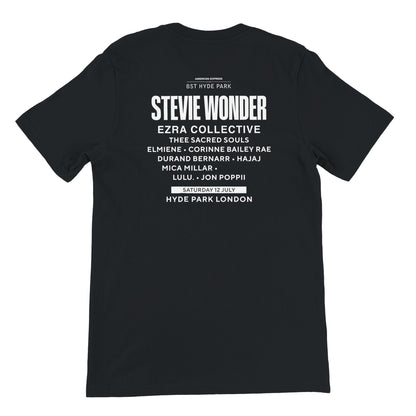The BST Hyde Park Stevie Wonder 2025 Event T-Shirt by BST Hyde Park is a black, soft, and durable tee with white text on the back listing STEVIE WONDER as headliner, supporting acts, event date Saturday 12 July, and venue Hyde Park London.
