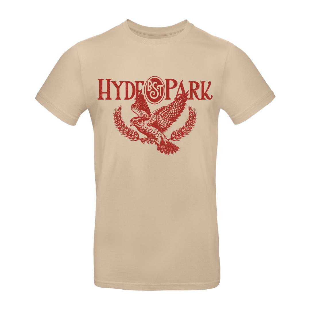 Pre-order the BST Hyde Park HOME DELIVERY: MUMFORD AND SONS Sat 4th July Event T-Shirt—a beige tee with red eagle and “HYDE PARK” design, ideal for fans or as a 2026 concert shirt.
