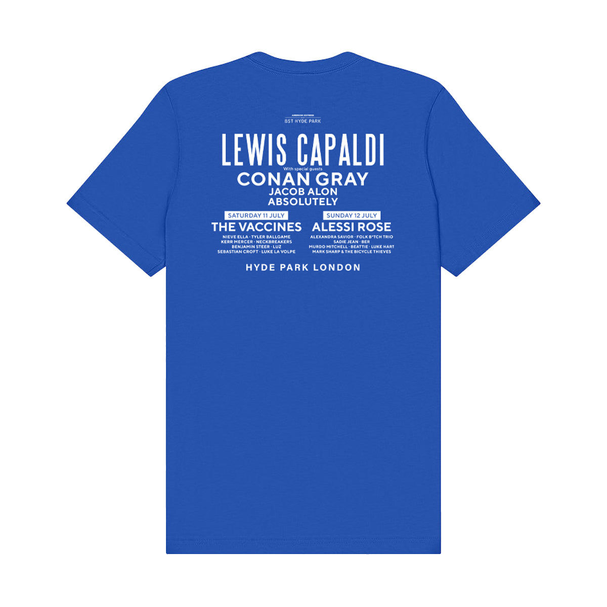 The BST Hyde Park 2026 Lewis Capaldi 12th July Event T-Shirt by BST Hyde Park is blue, made from Airlume combed cotton, and features white event performer names—including Lewis Capaldi—plus dates. Eco-friendly apparel for music lovers.