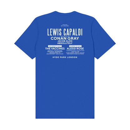 The BST Hyde Park 2026 Lewis Capaldi 12th July Event T-Shirt by BST Hyde Park is blue, made from Airlume combed cotton, and features white event performer names—including Lewis Capaldi—plus dates. Eco-friendly apparel for music lovers.