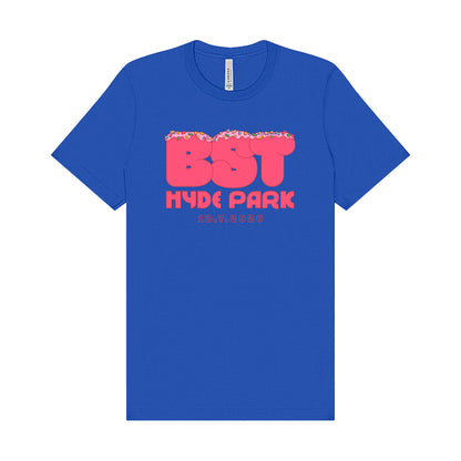 The BST Hyde Park 2026 Lewis Capaldi Event T-Shirt by BST Hyde Park features soft Airlume cotton, bold pink/red BST text with tree silhouettes, and "Hyde Park 12.7.2026"—a stylish, made-to-order tee for any occasion.