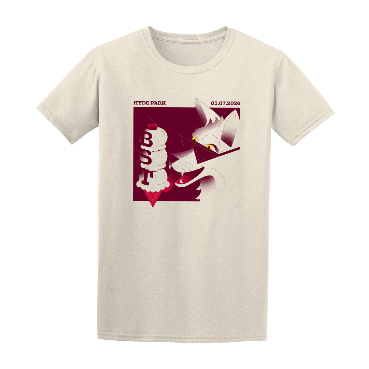 The BST Hyde Park 2026 Duran Duran Event T-Shirt by BST Hyde Park is a beige vintage-style tee with a stylized cat in sunglasses holding an ice cream cone topped with "BST." "HYDE PARK" and "05.07.2026" are printed in red and white using DTG printing.