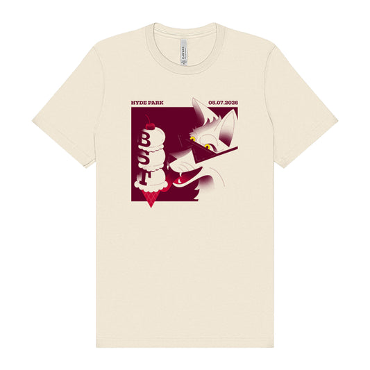 The BST Hyde Park 2026 Duran Duran Event T-Shirt by BST Hyde Park features a DTG-printed stylized cat with an ice cream cone labeled “BUG”, plus “HYDE PARK” and “05.07.2023”, on a maroon background.