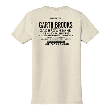 The BST Hyde Park 2026 Garth Brooks Event T-Shirt by BST Hyde Park features black performer text on the back, soft neppy cotton fabric, and celebrates the upcoming Garth Brooks show at Hyde Park, London.