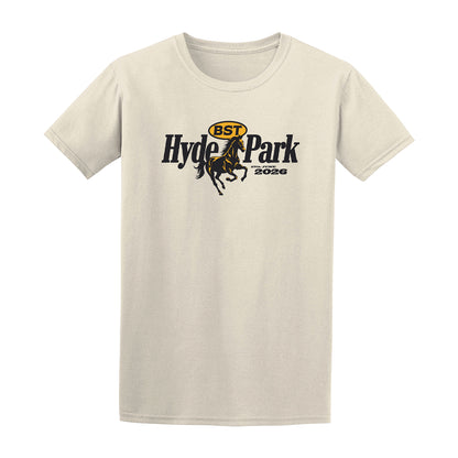 The BST Hyde Park 2026 Garth Brooks Event T-Shirt by BST Hyde Park is a beige neppy cotton tee with a black horse graphic and bold black and gold "BST Hyde Park 2026" lettering, finished with premium DTG printing.