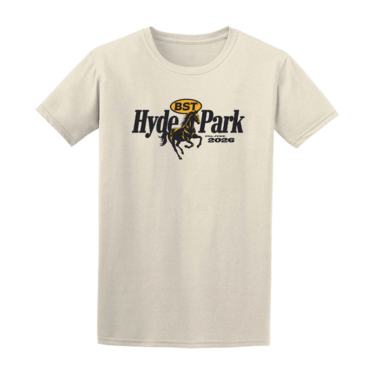 The BST Hyde Park 2026 Garth Brooks Event T-Shirt by BST Hyde Park is a beige neppy cotton tee with a black horse graphic and bold black and gold "BST Hyde Park 2026" lettering, finished with premium DTG printing.