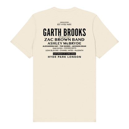 The BST Hyde Park 2026 Garth Brooks Event T-Shirt by BST Hyde Park is a beige, made-to-order tee with bold black DTG print listing performers and event details for June 27, 2026, in Hyde Park, London. Features a soft feel.