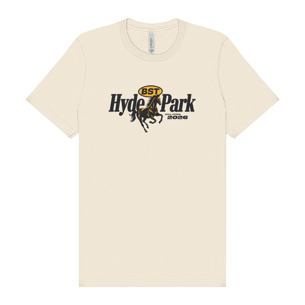 The BST Hyde Park 2026 Garth Brooks Event T-Shirt by BST Hyde Park is a cream-colored, made-to-order tee with a soft feel and front horse and rider graphic, featuring “BST Hyde Park 2026” in black and yellow DTG print.