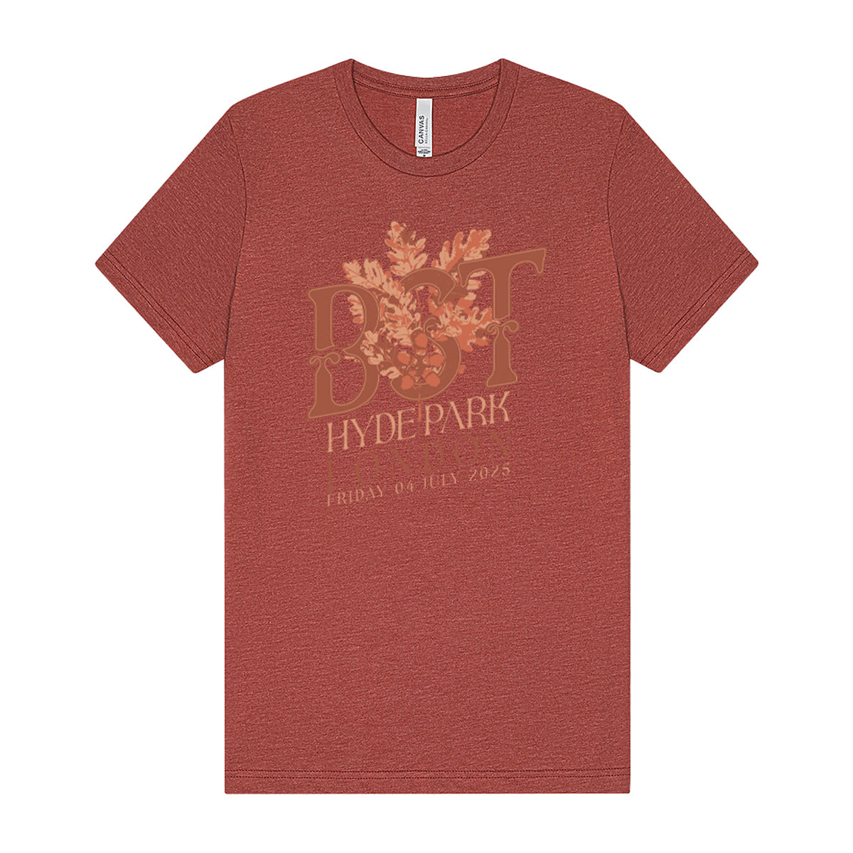 The BST Hyde Park Noah Kahan 2025 Event T-Shirt by BST Hyde Park is a heathered red, eco-friendly unisex tee with beige floral “D&T HYDE PARK” graphics and “FRIDAY 04 JULY 2025” below, designed for a soft feel and a tailored fit.