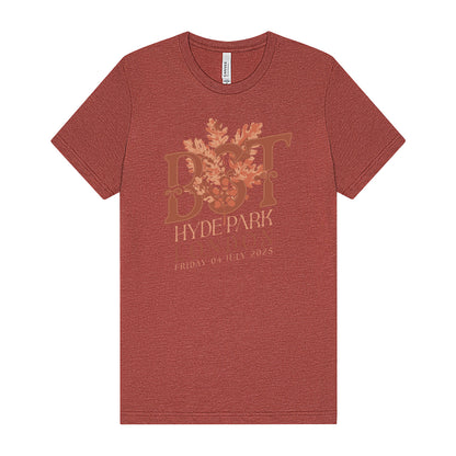 The BST Hyde Park Noah Kahan 2025 Event T-Shirt by BST Hyde Park is a heathered red, eco-friendly unisex tee with beige floral “D&T HYDE PARK” graphics and “FRIDAY 04 JULY 2025” below, designed for a soft feel and a tailored fit.