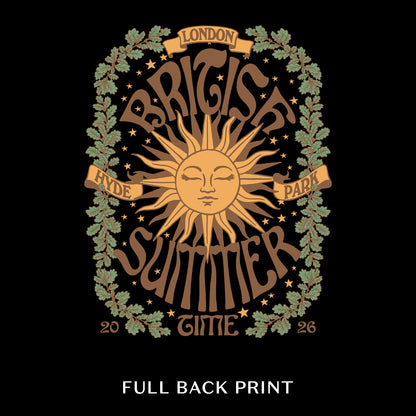 A stylized sun face with rays, oak leaves, and acorns plus “London British Summer Time Hyde Park 2026” in bold decorate the BST Hyde Park 2026 Sun Black Pullover Hoodie. The words “FULL BACK PRINT” appear below the design.