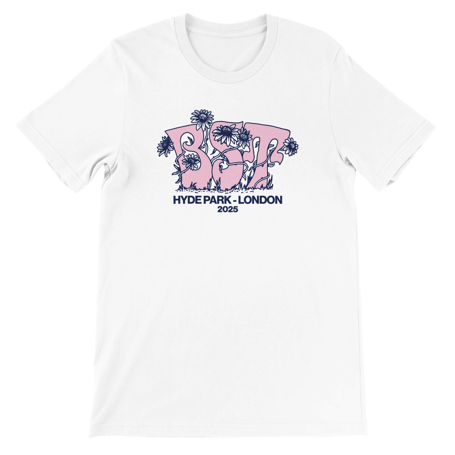 The BST Hyde Park London 2025 Crewneck T-Shirt by BST Hyde Park is a soft white cotton tee with large pink BST floral graphic and HYDE PARK - LONDON 2025 in navy, featuring a comfortable unisex fit.