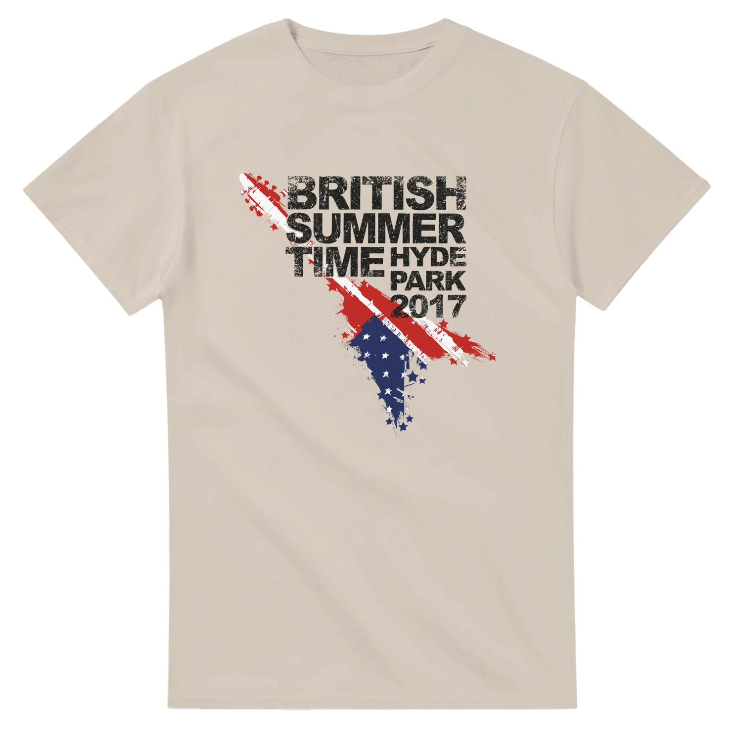 The Retro BST Hyde Park 2017 Tom Petty Event T-Shirt by BST Hyde Park is a beige, made-to-order tee with BRITISH SUMMER TIME HYDE PARK 2017 in distressed black text above a brushed Union Jack, featuring a seamless collar for comfort.