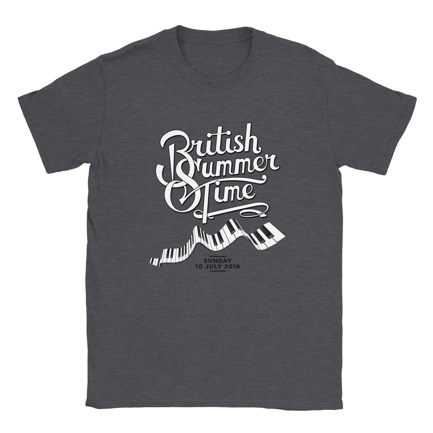 The Retro BST Hyde Park 2016 Stevie Wonder Event T-Shirt by BST Hyde Park is a dark gray, made-to-order shirt featuring British Summer Time in white above a piano keyboard illustration with Sunday 10 July 2016 below.