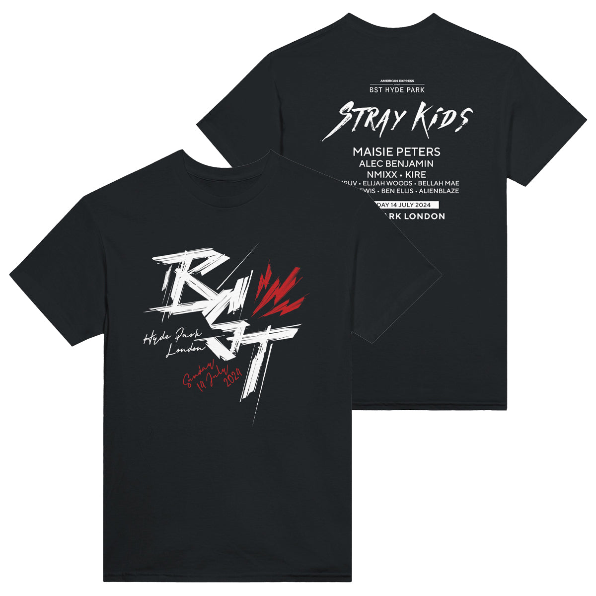 The BST Hyde Park Stray Kids Event T-Shirt by BST Hyde Park is a black heavyweight cotton tee with “ROCK” bold print, “Hyde Park London,” signature graphic, and back design listing Stray Kids, other artists, and event details. Classic fit and durable.
